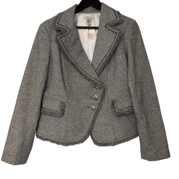 Cache Size Large Y2K Metalic Silver Gray Boucle Wool Blend Tweed Blazer Fringe - Picture 1 of 11